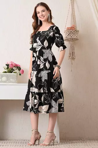 Floral print puff sleeve fit & flare dress