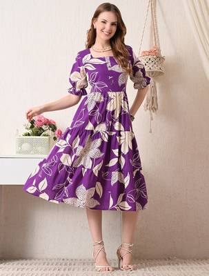 Floral print puff sleeve fit & flare midi dress 1