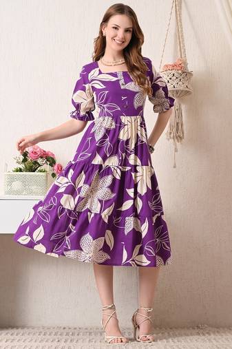 Floral print puff sleeve fit & flare midi dress