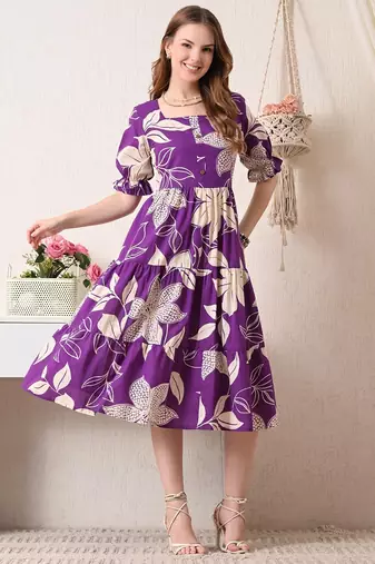 Floral print puff sleeve fit & flare midi dress