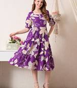 Floral print puff sleeve fit & flare midi dress
