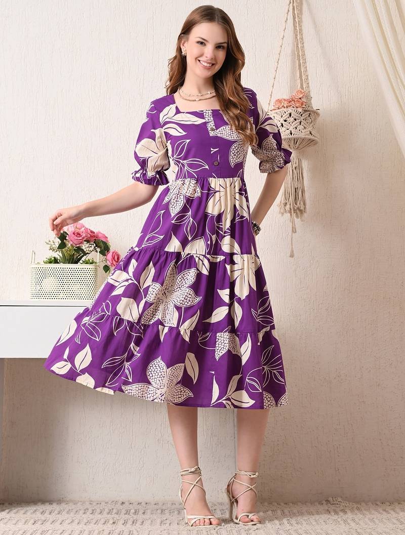 Floral print puff sleeve fit & flare midi dress