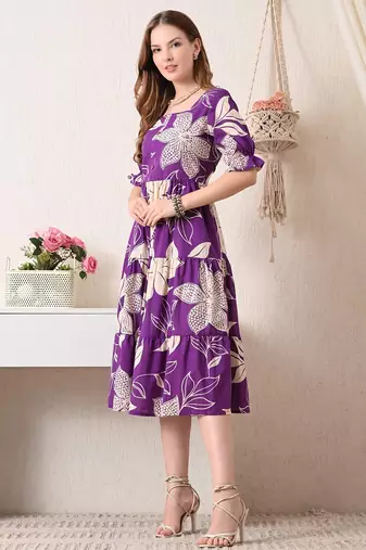 Floral print puff sleeve fit & flare midi dress