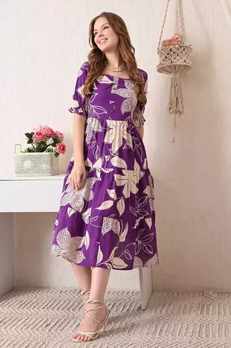 Floral print puff sleeve fit & flare midi dress