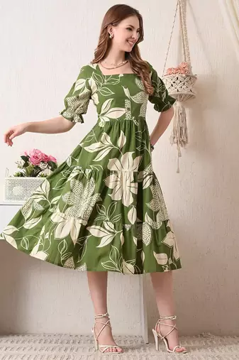 Floral print puff sleeve fit & flare midi dress