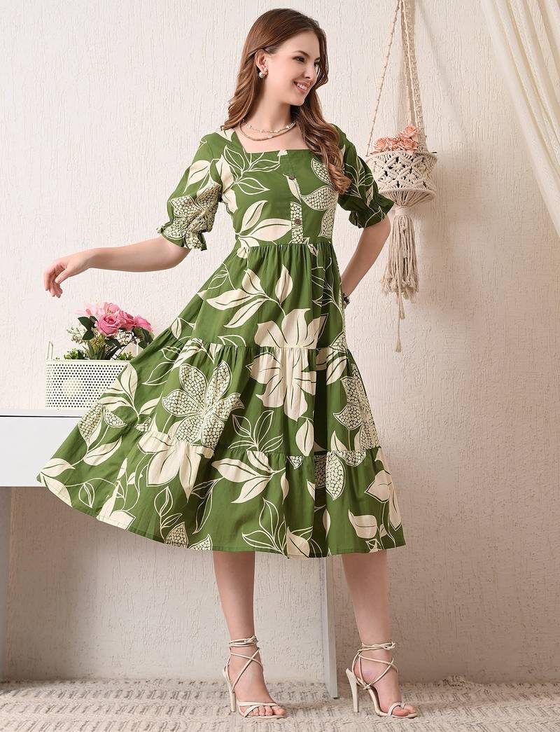 Floral print puff sleeve fit & flare midi dress