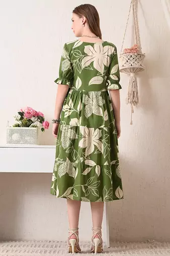 Floral print puff sleeve fit & flare midi dress