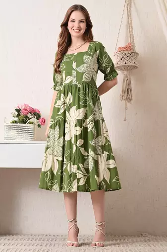 Floral print puff sleeve fit & flare midi dress