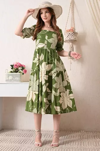 Floral print puff sleeve fit & flare midi dress