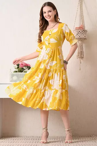 Floral print puff sleeve fit & flare midi dress