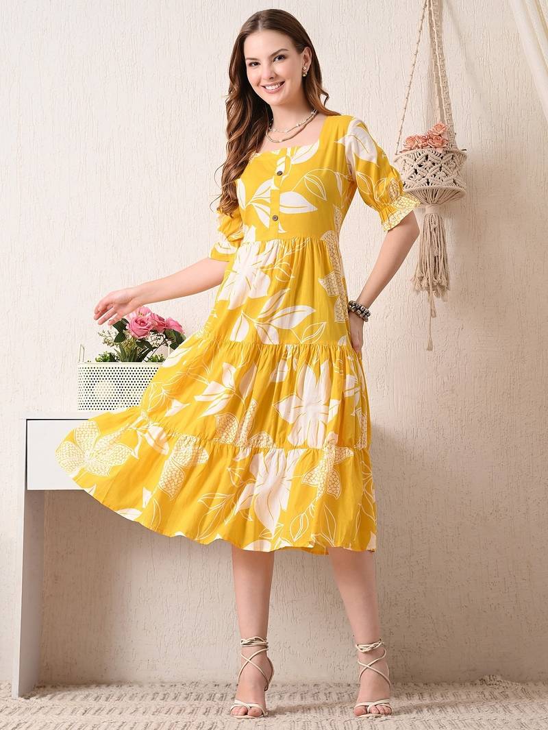 Floral print puff sleeve fit & flare midi dress