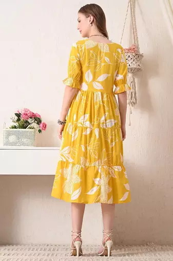 Floral print puff sleeve fit & flare midi dress