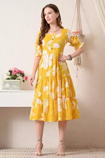 Floral print puff sleeve fit & flare midi dress