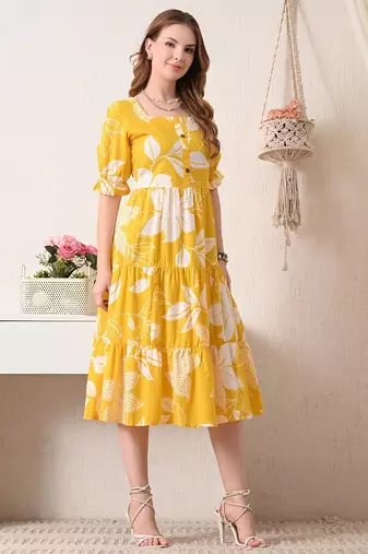 Floral print puff sleeve fit & flare midi dress