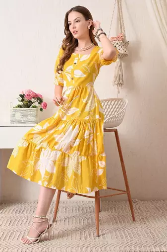 Floral print puff sleeve fit & flare midi dress