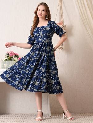 Floral print puff sleeve fit & flare midi dress 1