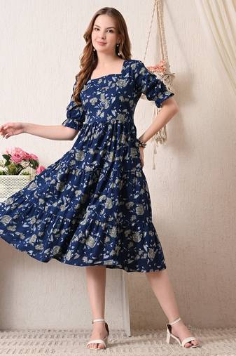 Floral print puff sleeve fit & flare midi dress