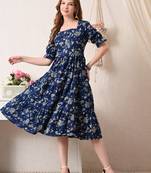 Floral print puff sleeve fit & flare midi dress