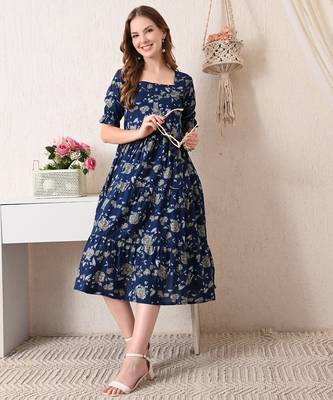Floral print puff sleeve fit & flare midi dress 2
