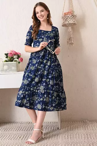 Floral print puff sleeve fit & flare midi dress