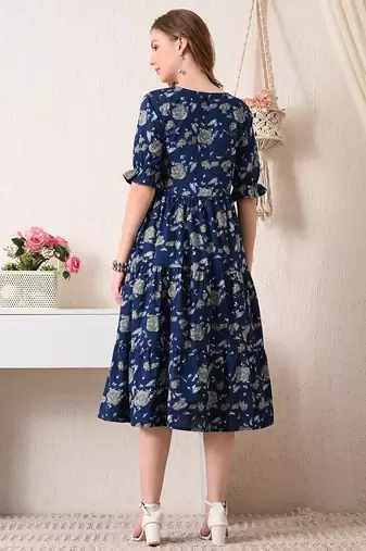 Floral print puff sleeve fit & flare midi dress