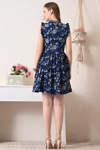 Floral print flutter sleeve ruffled a line dress