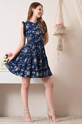 Floral print flutter sleeve ruffled a line dress