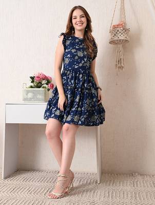 Floral print flutter sleeve ruffled a line dress 5