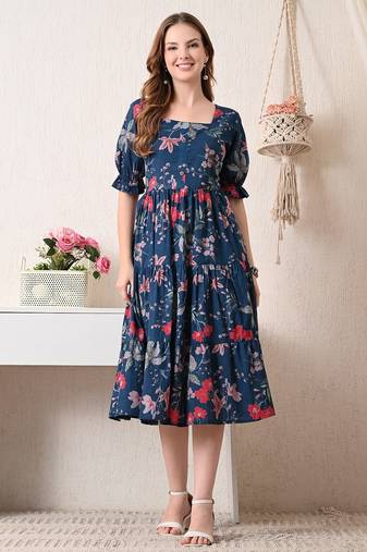 Floral print puff sleeve fit & flare dress