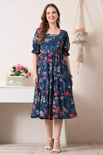 Floral print puff sleeve fit & flare dress