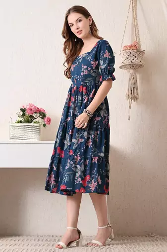 Floral print puff sleeve fit & flare dress