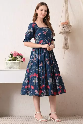 Floral print puff sleeve fit & flare dress