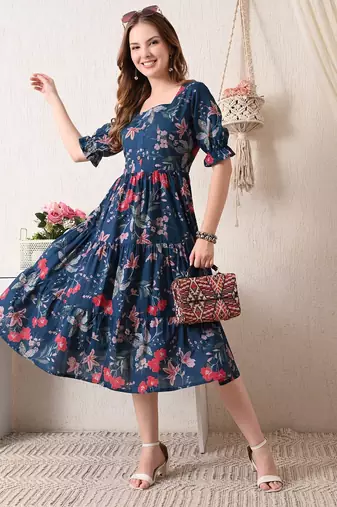 Floral print puff sleeve fit & flare dress