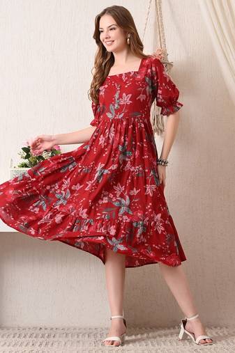 Floral print puff sleeve a line midi dress