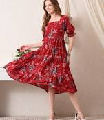 Floral print puff sleeve a line midi dress