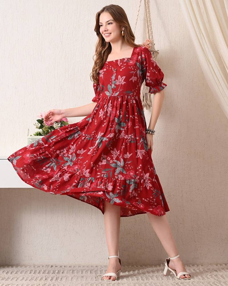 Floral print puff sleeve a line midi dress