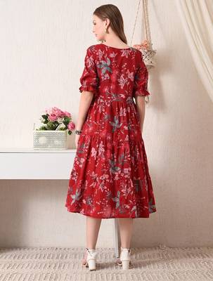Floral print puff sleeve a line midi dress 2