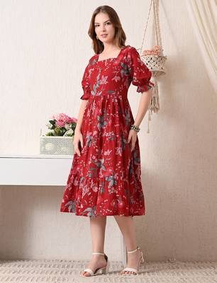 Floral print puff sleeve a line midi dress 3