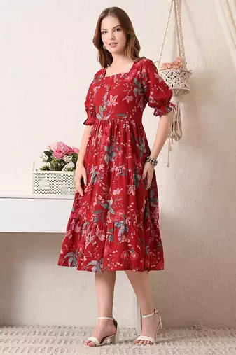 Floral print puff sleeve a line midi dress