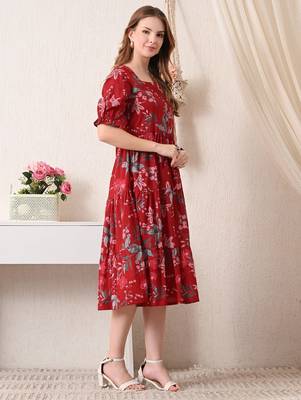 Floral print puff sleeve a line midi dress 4