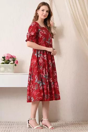 Floral print puff sleeve a line midi dress