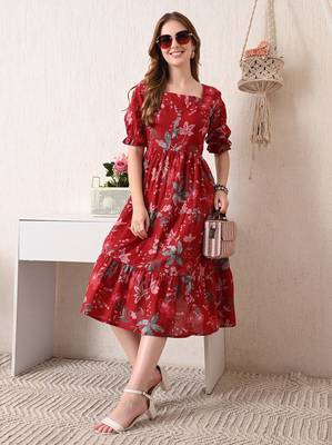 Floral print puff sleeve a line midi dress 5