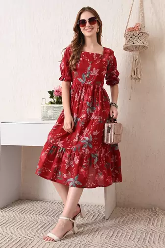 Floral print puff sleeve a line midi dress