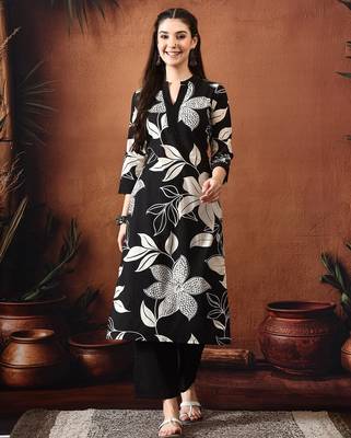 Floral printed mandarin collar pure cotton kurta with trousers 1