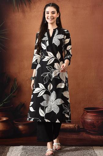 Floral printed mandarin collar pure cotton kurta with trousers