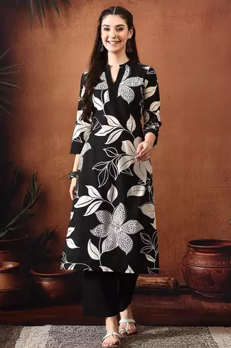 Floral printed mandarin collar pure cotton kurta with trousers