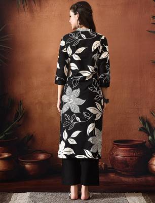 Floral printed mandarin collar pure cotton kurta with trousers 3