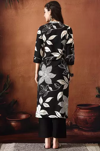 Floral printed mandarin collar pure cotton kurta with trousers