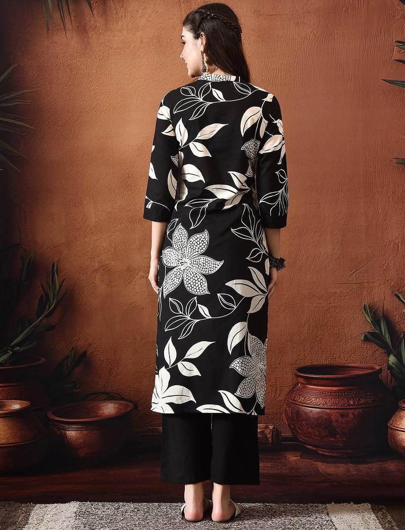 Floral printed mandarin collar pure cotton kurta with trousers