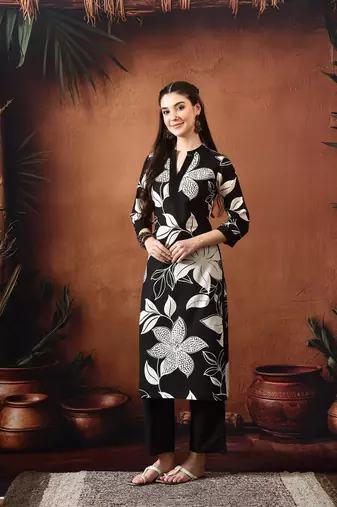 Floral printed mandarin collar pure cotton kurta with trousers
